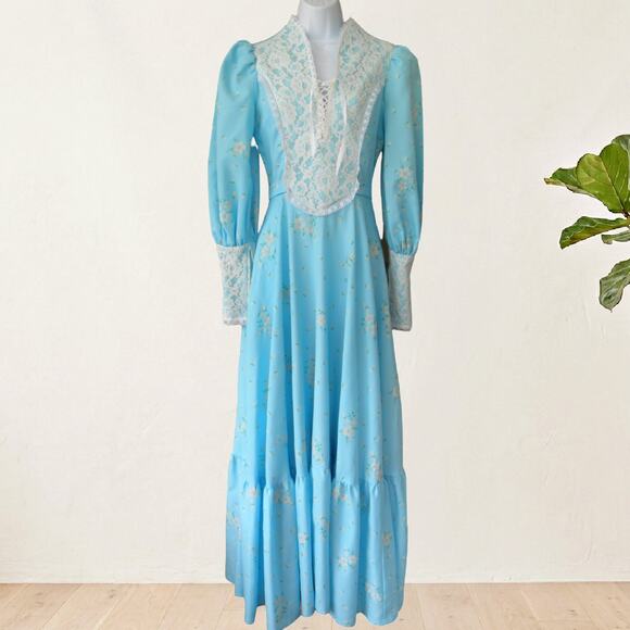 Vintage Dresses & Skirts - Vintage 70s Blue Prairie Maxi Dress Gunne Sax Style XS Lace Up Cottagecore Boho